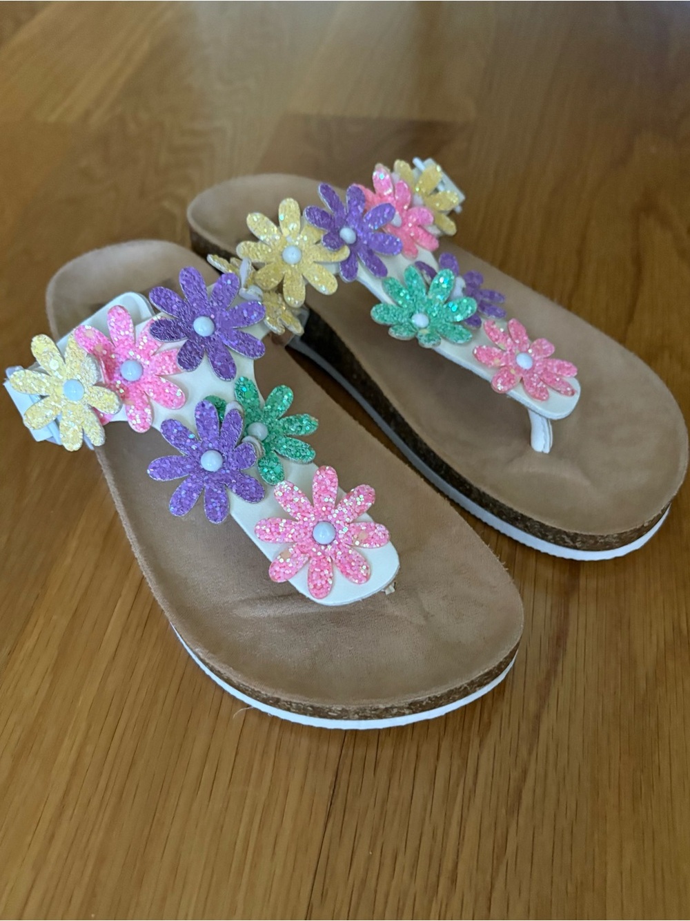 White Floral Glitter Girsl 3 Sandals Sparkle Flowers - Birkenstock-like cork